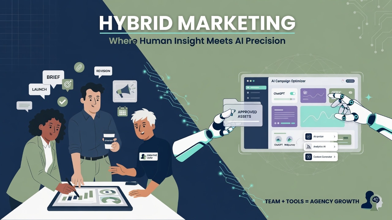 Đội Marketing hybrid 2026 — minh họa Marketing Team + AI cho SME Việt Nam, Knowledge Hub MYB Media 2026
